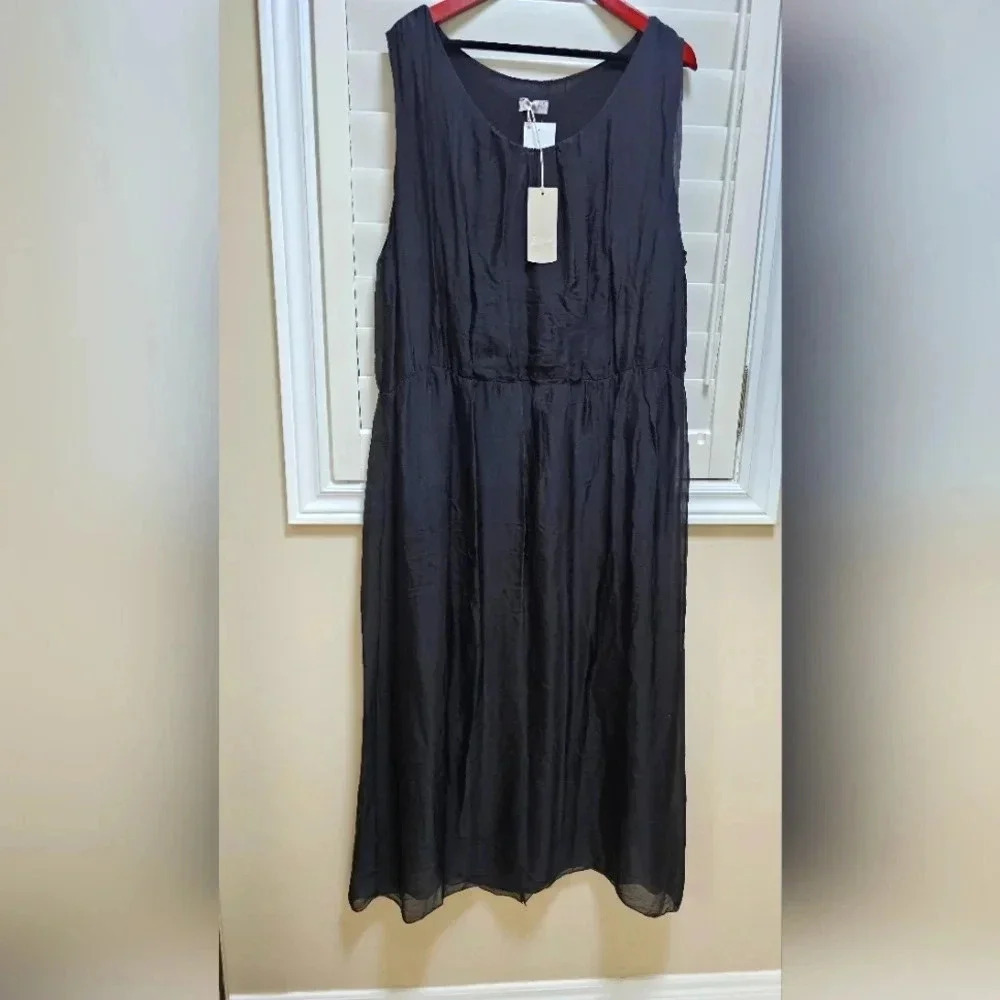 ITALY Black Silk Blend Midi Black Elastic Waist Long Dress Sleevless size 3X